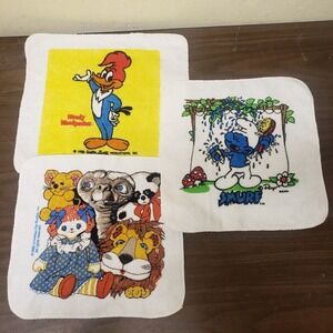 3 Vintage Washcloths - Woody Woodpecker, Smurf, E.T. Made in USA 100% Cotton